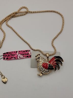 Betsey Johnson Gold-Tone Rooster Pendant Necklace with Red & Black Enamel